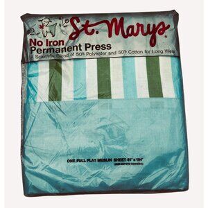 Vintage Flat Sheet Blue Stripes Green White Full Size Bed Muslin NEW
